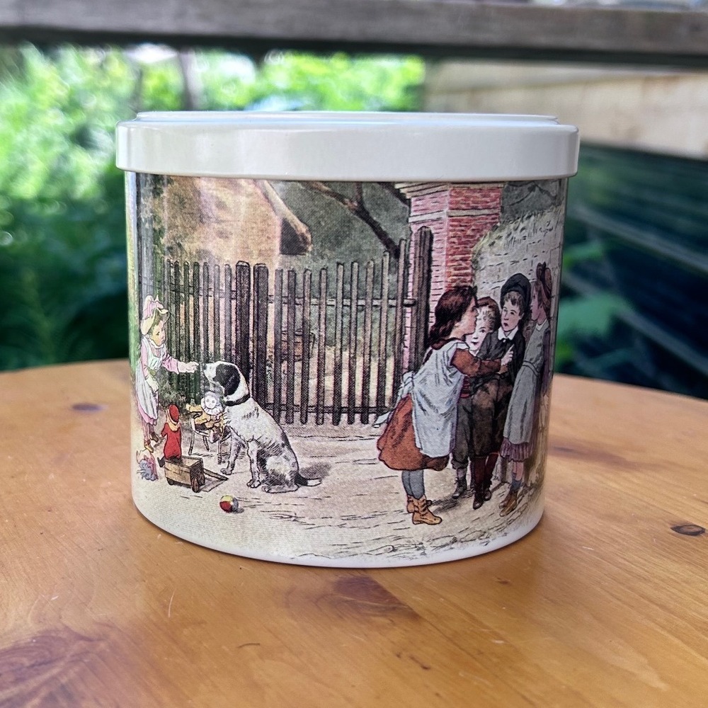 Vintage French Biscuit Box Victorian Children Dog Metal Canister Massilly Collec